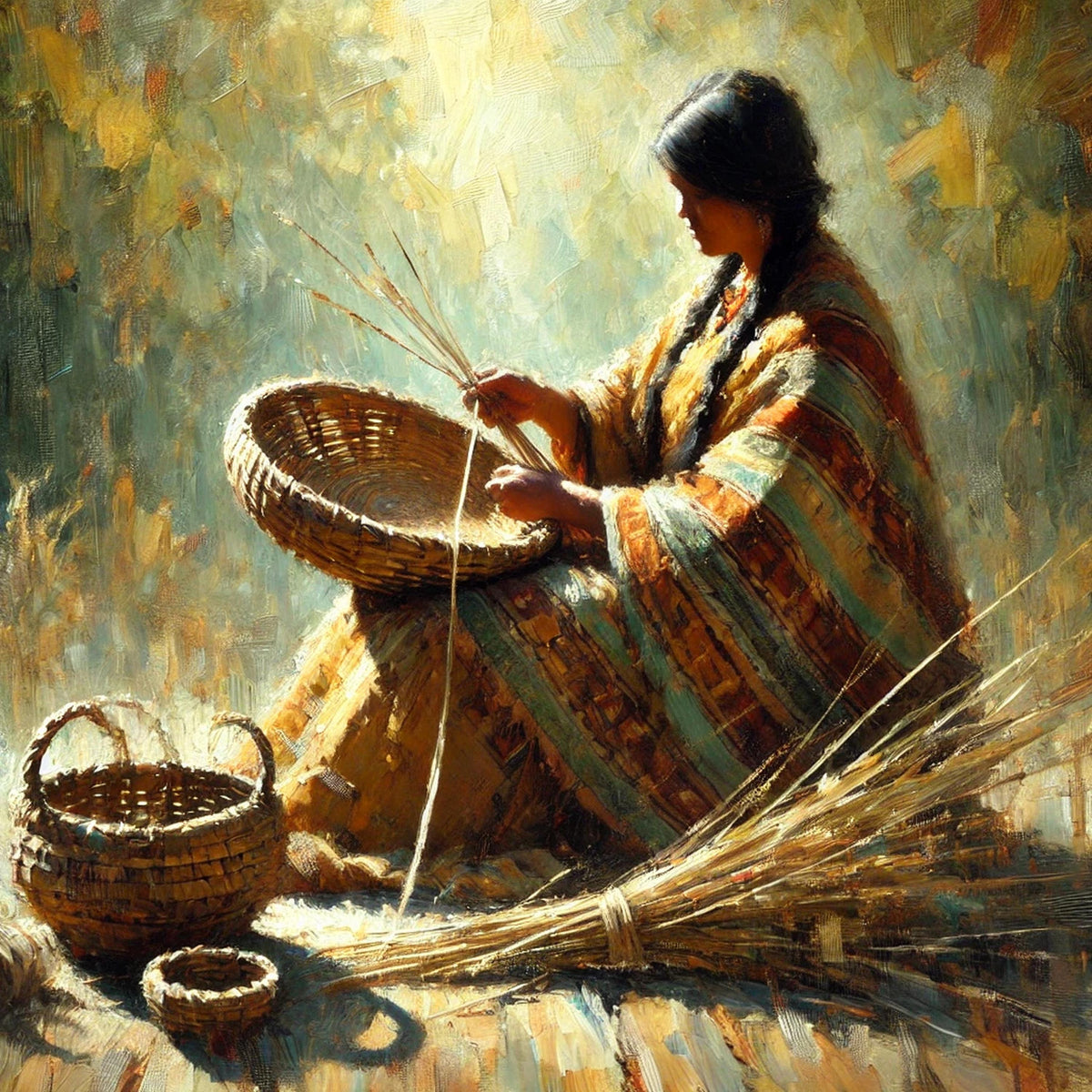 Indigenous Basket Weaver Art Print: Traditional Craft, Native Woman (Digital Download)