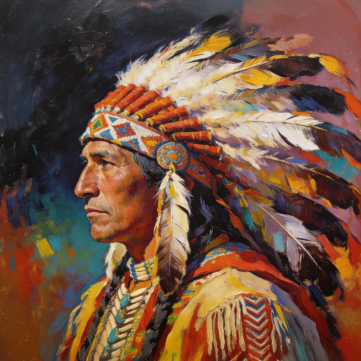 Chief of Quiet Strength: Native American Oil Painting Portrait Wall Art (Digital Download)