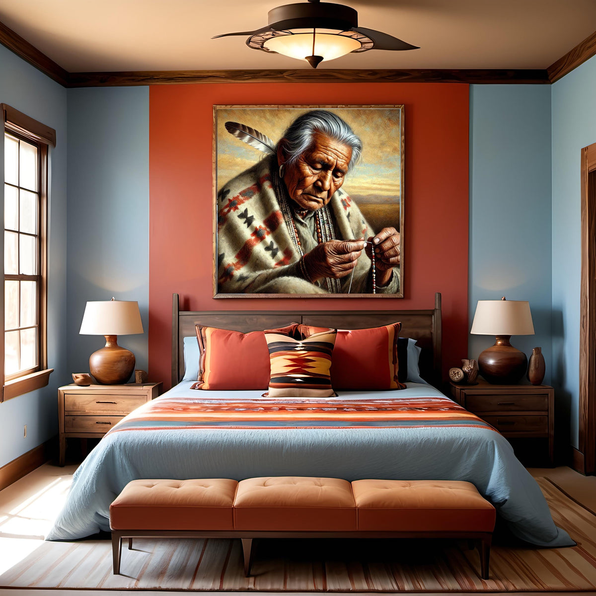 Indigenous Elder Beading Portrait Print: Native American Artisan Oil Painting Cultural Wall Art (Digital Download)
