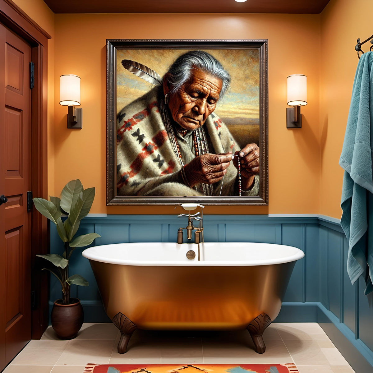 Indigenous Elder Beading Portrait Print: Native American Artisan Oil Painting Cultural Wall Art (Digital Download)