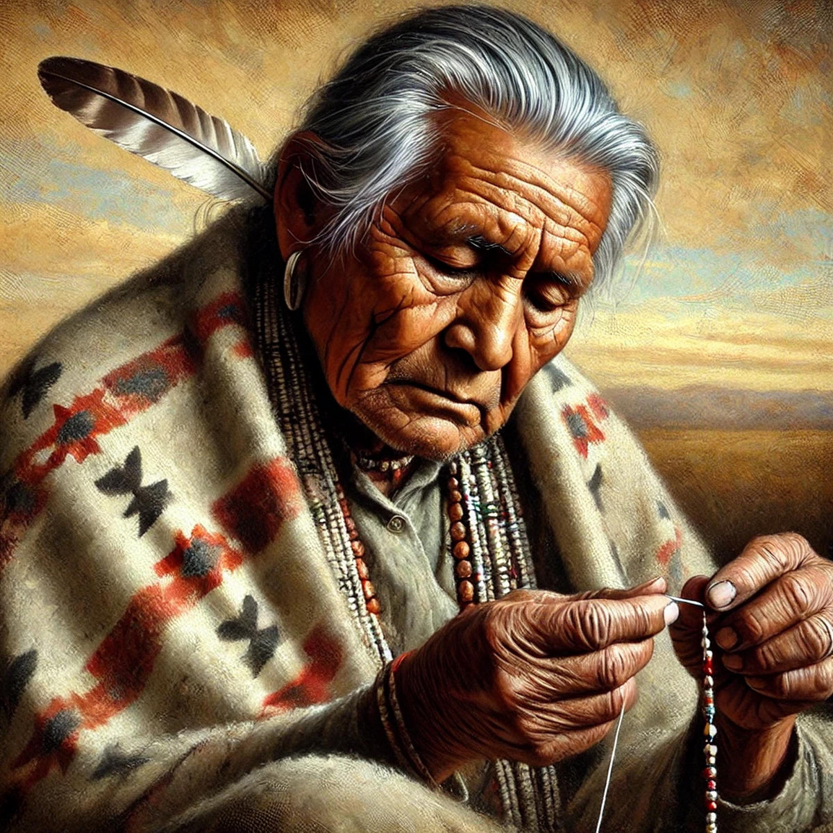 Indigenous Elder Beading Portrait Print: Native American Artisan Oil Painting Cultural Wall Art (Digital Download)