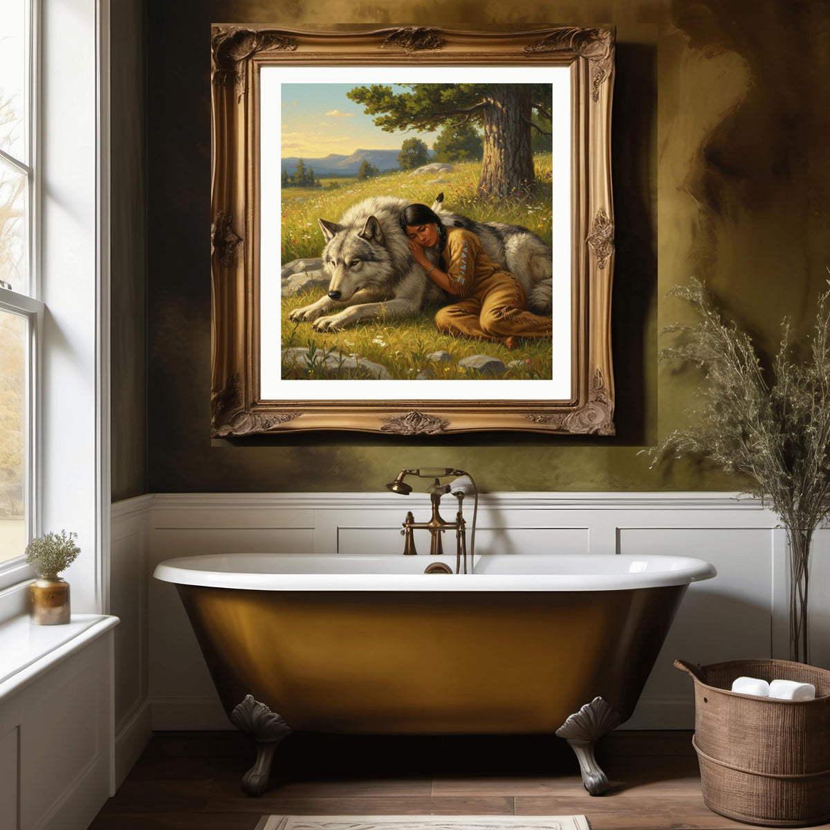 Indigenous Woman and Wolf Oil Painting Digital Art Native American Spiritual Wall Art (Printable Download)