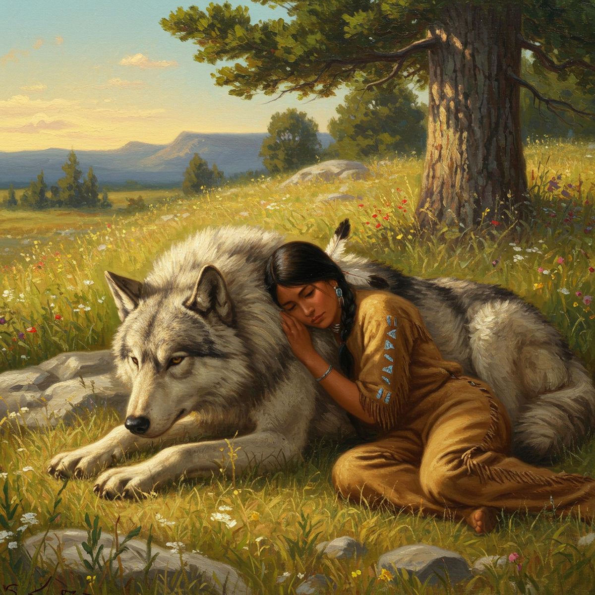 Indigenous Woman and Wolf Oil Painting Digital Art Native American Spiritual Wall Art (Printable Download)