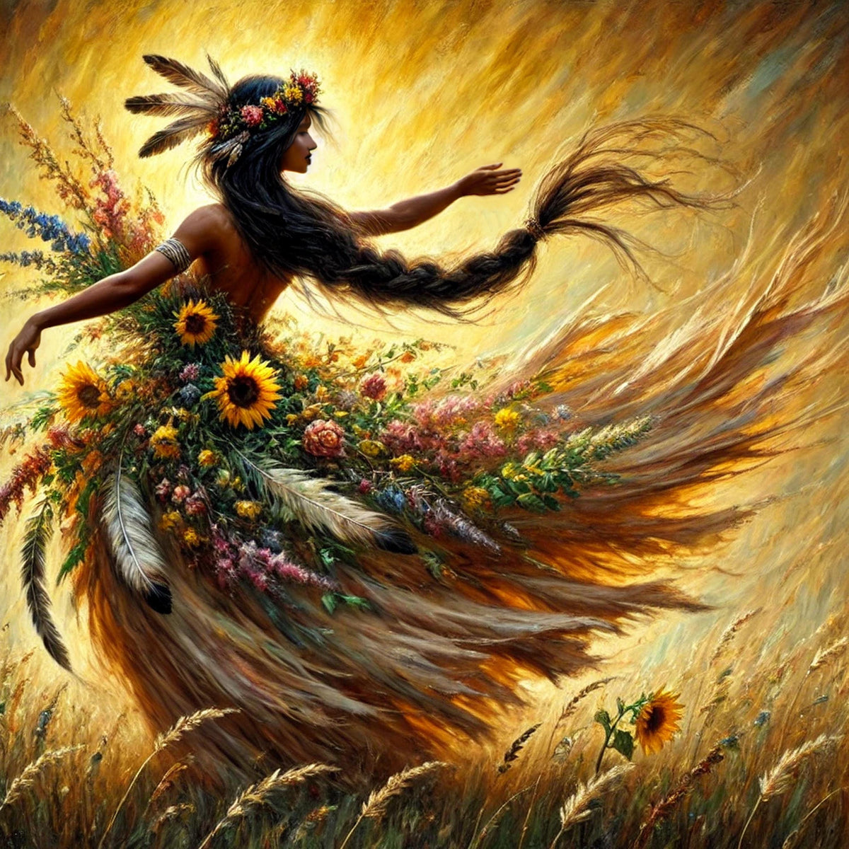Spirit Dancer Fine Art Print: Indigenous Harvest Goddess in Golden Meadow Digital Art Download