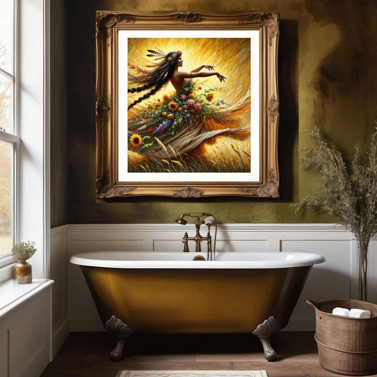 Spirit of the Harvest Art Print: Indigenous Autumn Goddess Dancing Golden Field Digital Art Download