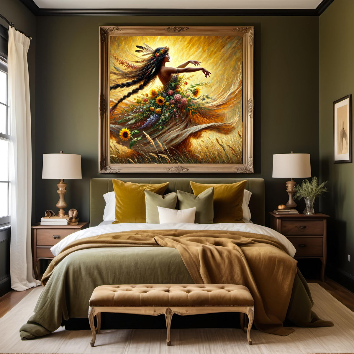 Spirit of the Harvest Art Print: Indigenous Autumn Goddess Dancing Golden Field Digital Art Download
