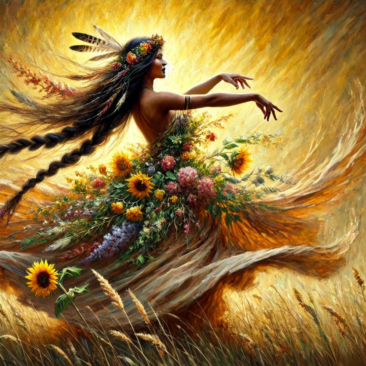 Spirit of the Harvest Art Print: Indigenous Autumn Goddess Dancing Golden Field Digital Art Download