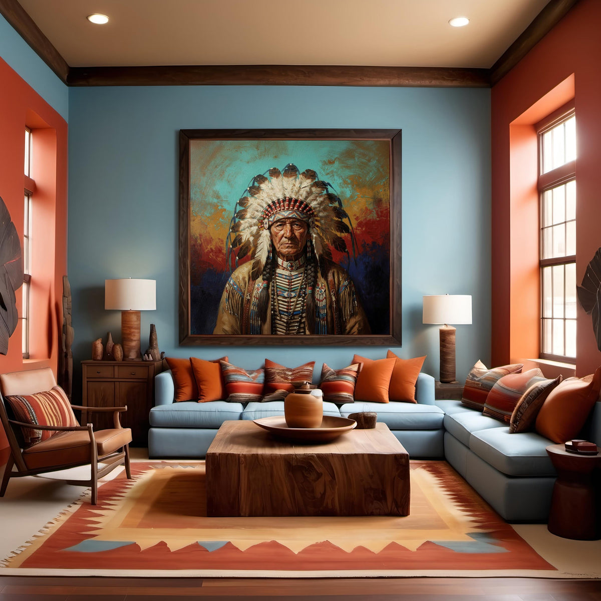 Indigenous Elder Oil Painting Portrait Native American Chief Headdress Digital Art Vintage Home Decor Printable Wall Art