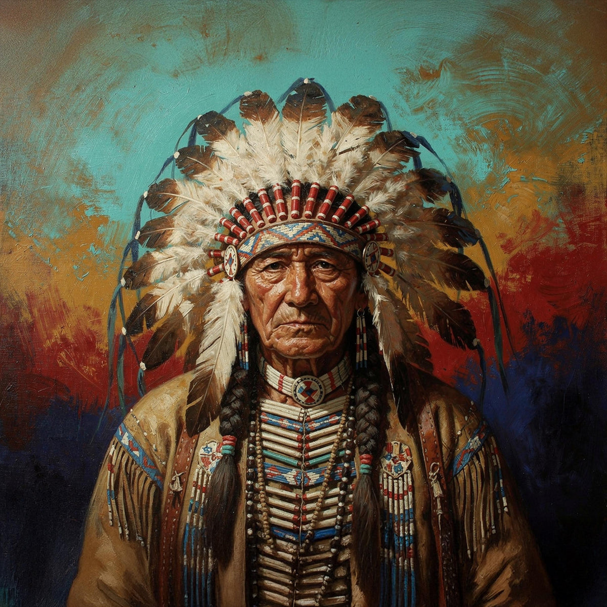 Indigenous Elder Oil Painting Portrait Native American Chief Headdress Digital Art Vintage Home Decor Printable Wall Art