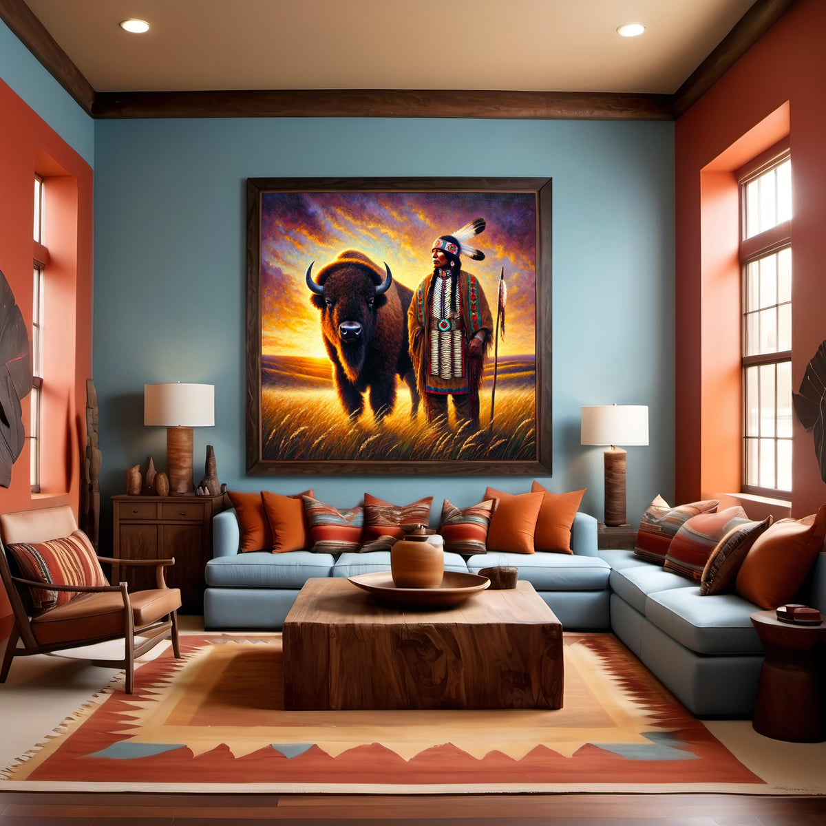 Native Elder and Buffalo Painting: Spiritual Guardian Prairie Art Western Cultural Wall Decor (Digital Download)