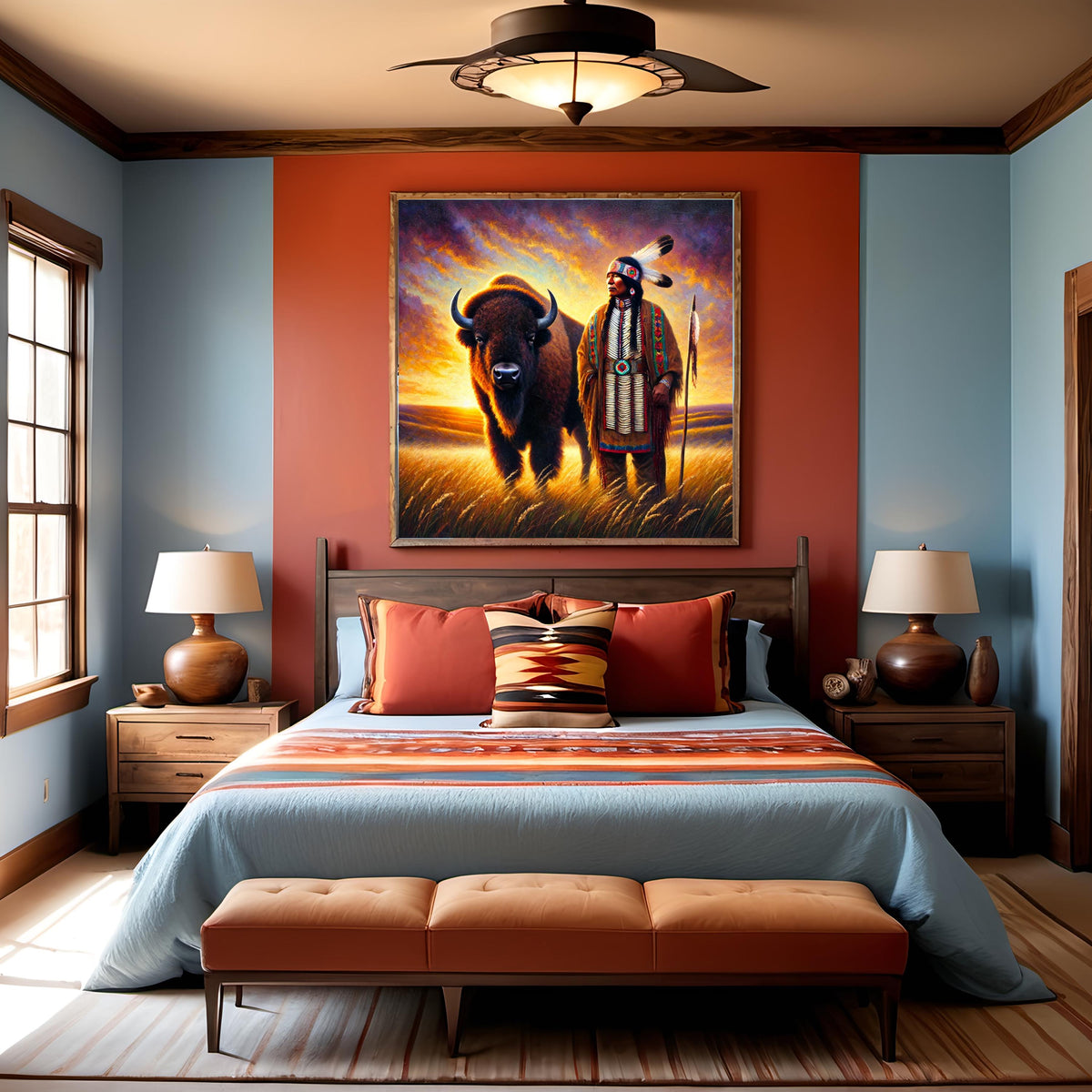 Native Elder and Buffalo Painting: Spiritual Guardian Prairie Art Western Cultural Wall Decor (Digital Download)