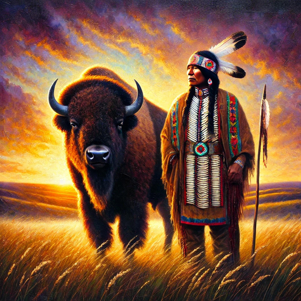 Native Elder and Buffalo Painting: Spiritual Guardian Prairie Art Western Cultural Wall Decor (Digital Download)