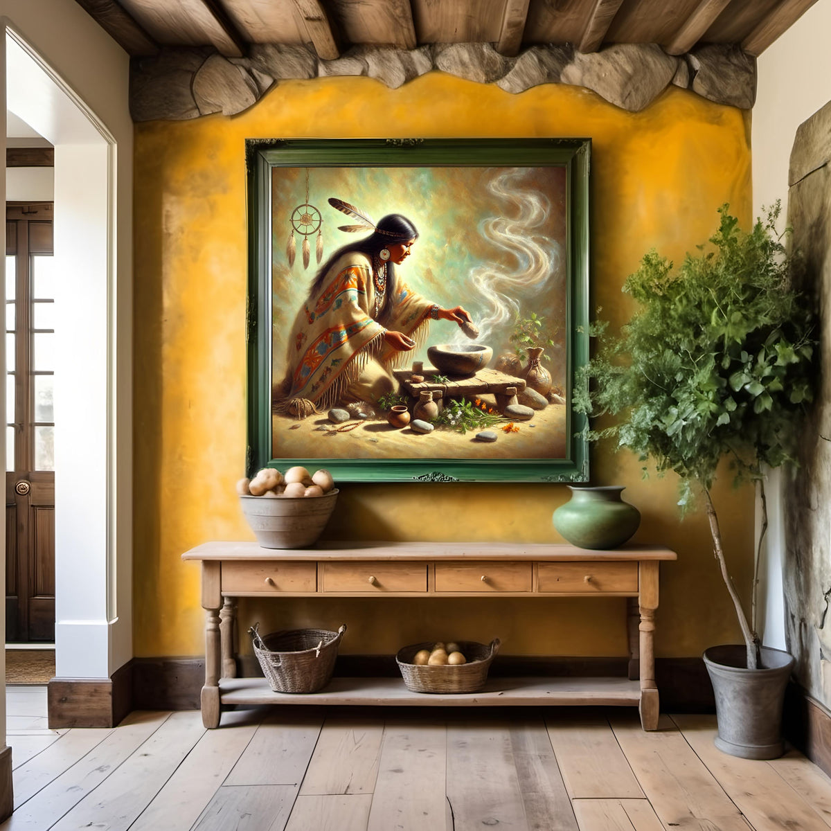 The Healer’s Offering: Indigenous Woman Healing Ritual Spiritual Wall Art Native Ceremony Painting Digital Download