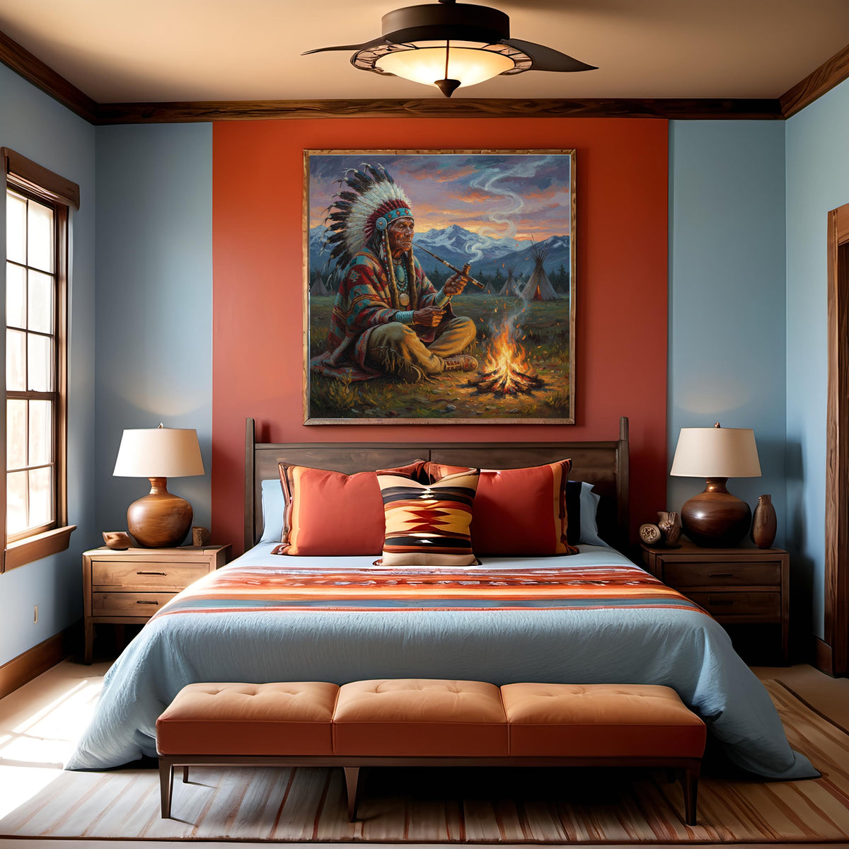 Sacred Fire Evening: Native American Elder Pipe Ceremony Mountain Camp Oil Painting Digital Art Vintage Home Decor (Digital Download)