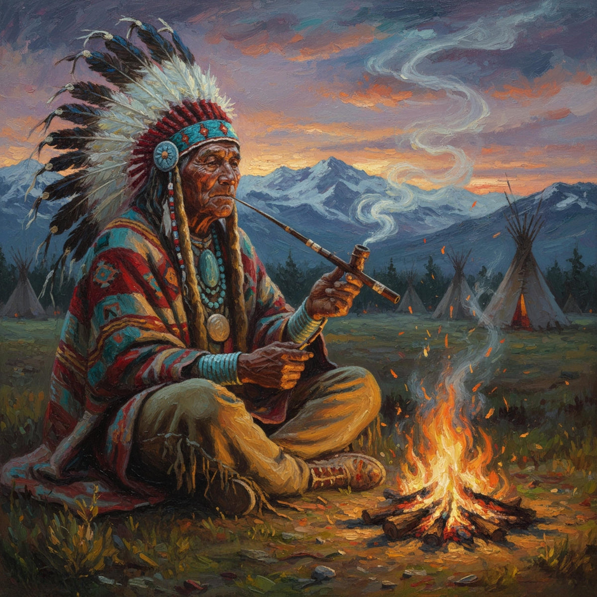 Sacred Fire Evening: Native American Elder Pipe Ceremony Mountain Camp Oil Painting Digital Art Vintage Home Decor (Digital Download)