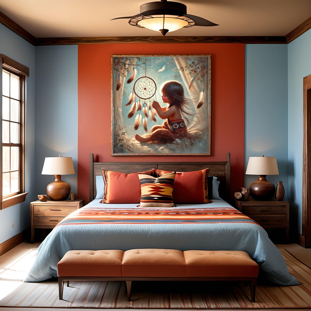 Native American Child Dreamcatcher Art: Whimsical Nursery Oil Painting Spiritual Baby Room Decor Digital Art Download