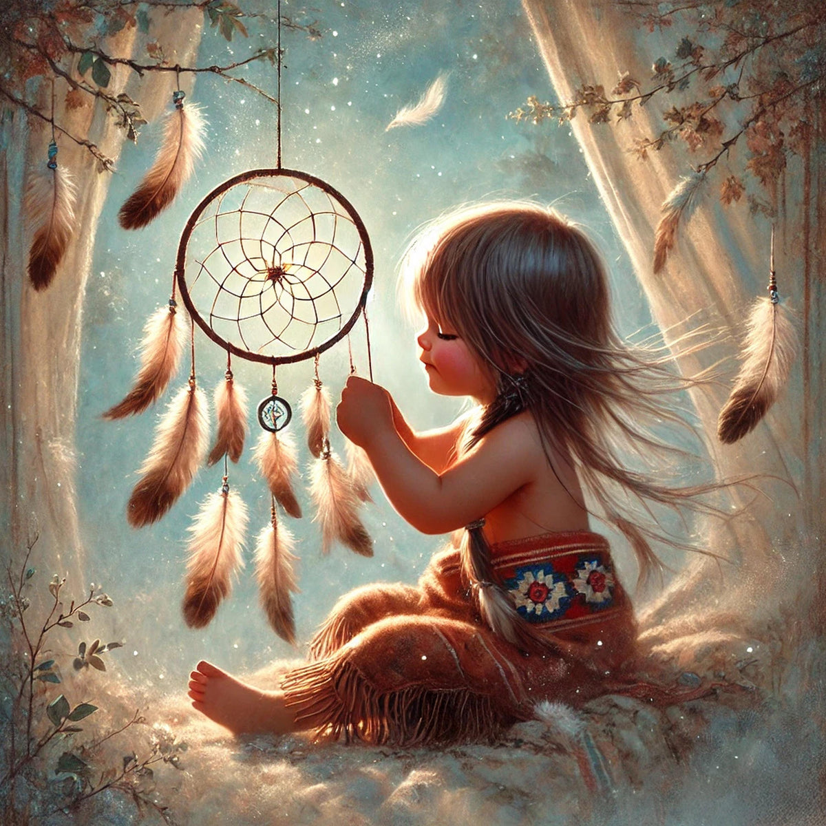 Native American Child Dreamcatcher Art: Whimsical Nursery Oil Painting Spiritual Baby Room Decor Digital Art Download