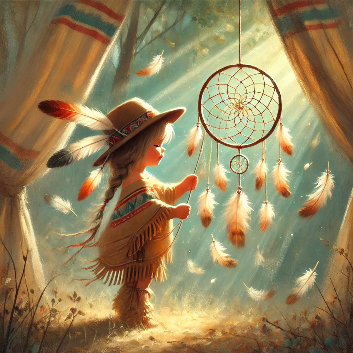Native American Dreamcatcher Nursery Art: Whimsical Child Oil Painting Baby Room Spiritual Decor Digital Art Download