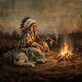 Native American Elder with Wolf Oil Painting: Spiritual Night Campfire Impressionist Wall Art Digital Download
