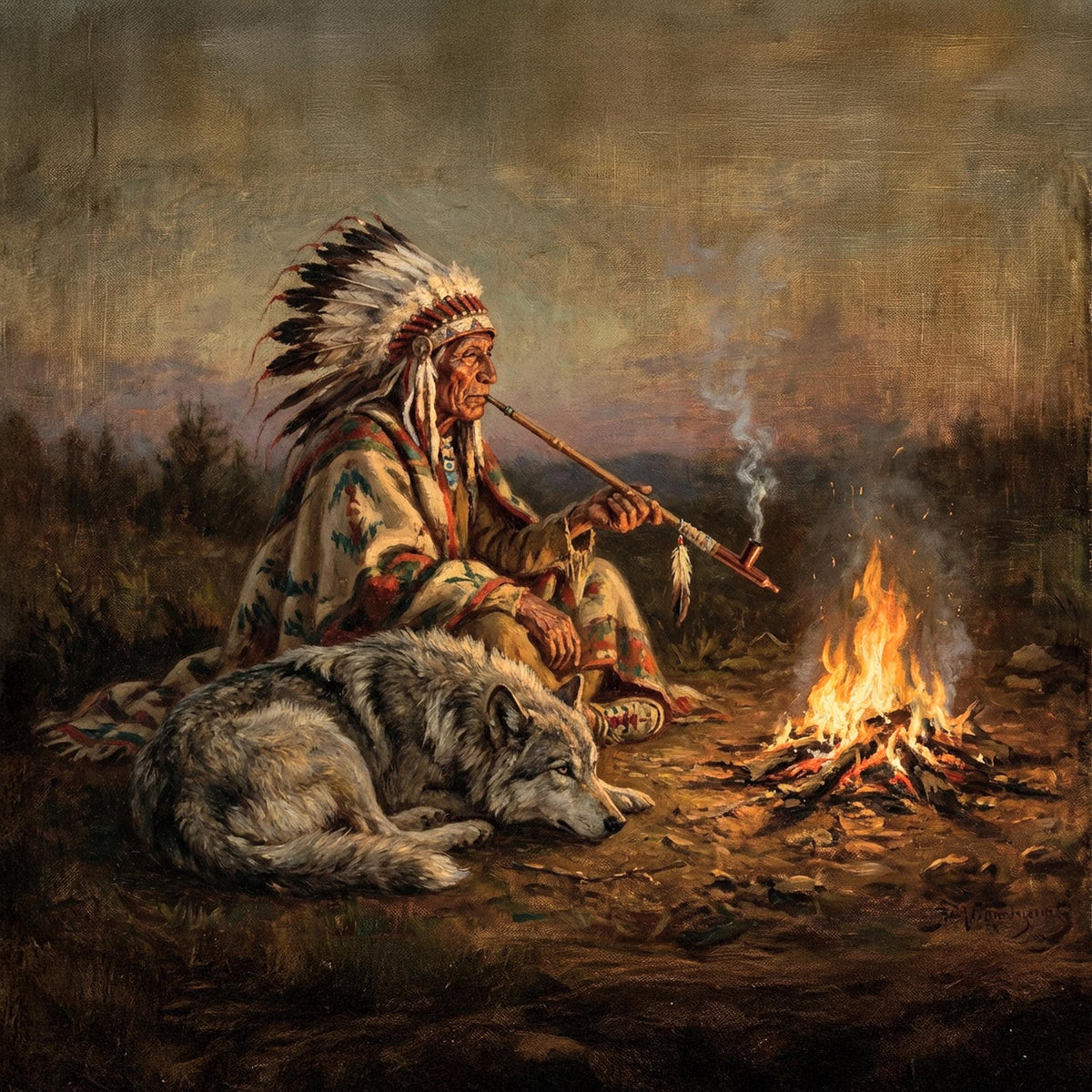 Native American Elder with Wolf Oil Painting: Spiritual Night Campfire Impressionist Wall Art Digital Download
