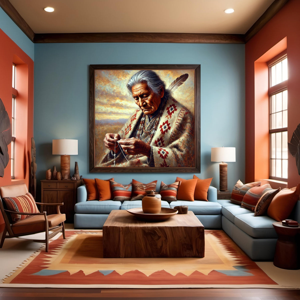 Indigenous Elder Beading Art Portrait: Native American Artisan Oil Painting Cultural Heritage Wall Decor (Digital Download)