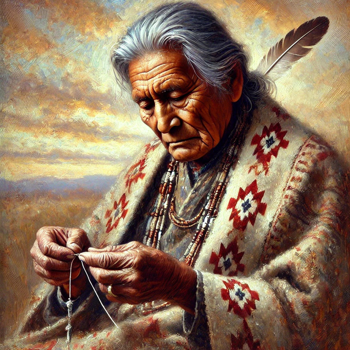 Indigenous Elder Beading Art Portrait: Native American Artisan Oil Painting Cultural Heritage Wall Decor (Digital Download)