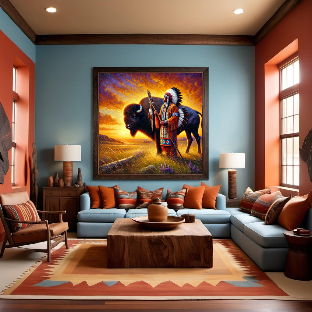 Native Elder and Buffalo Art: Spiritual Prairie Sunset (Digital Download)