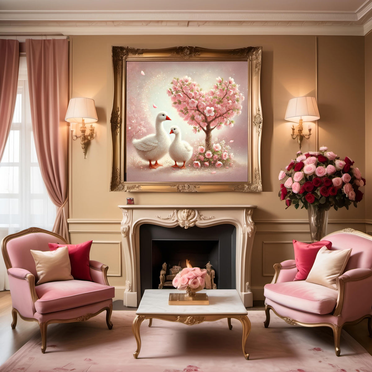 Goose Valentine Art Print | Pink Blossom Tree, Romantic Nursery (Digital Download)