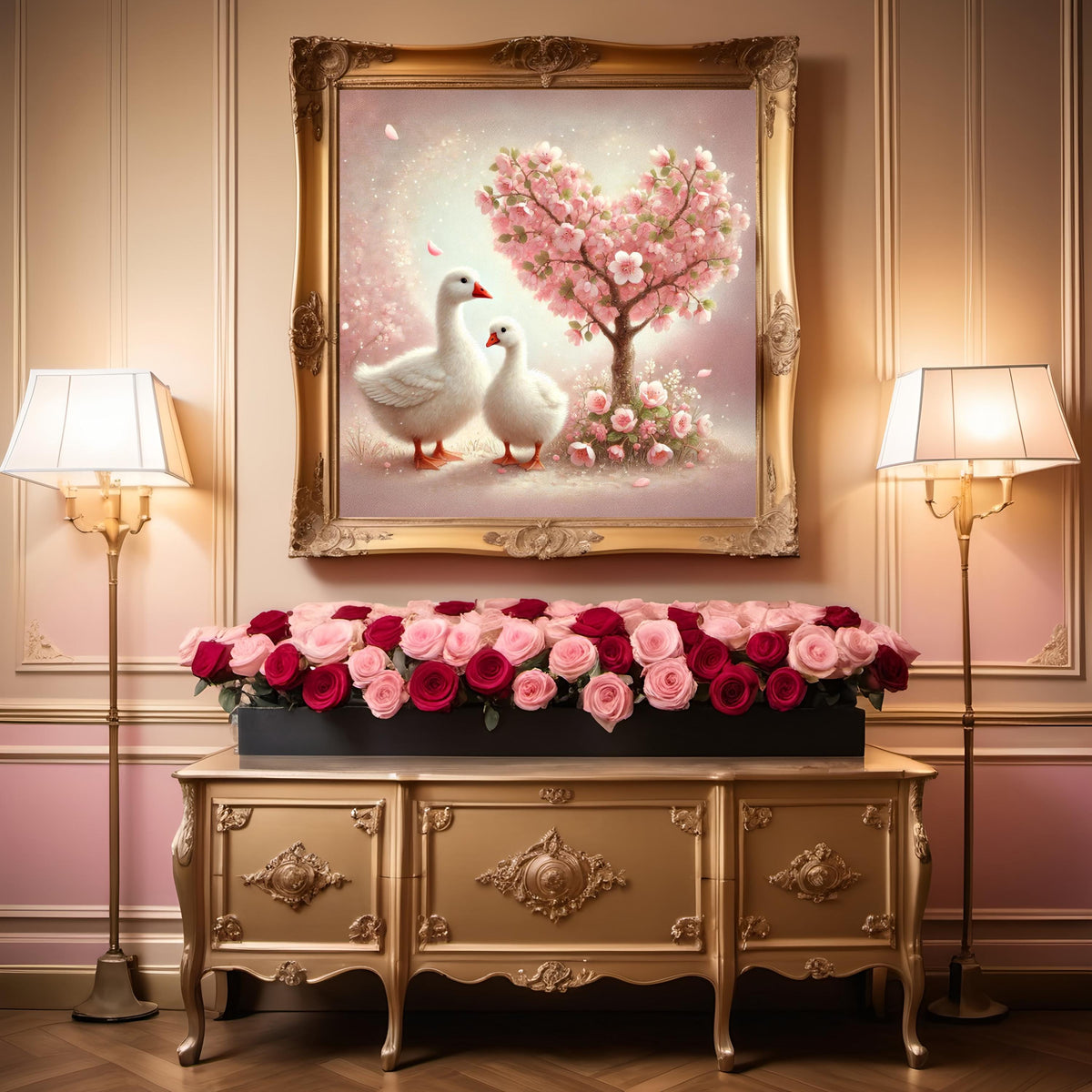 Goose Valentine Art Print | Pink Blossom Tree, Romantic Nursery (Digital Download)