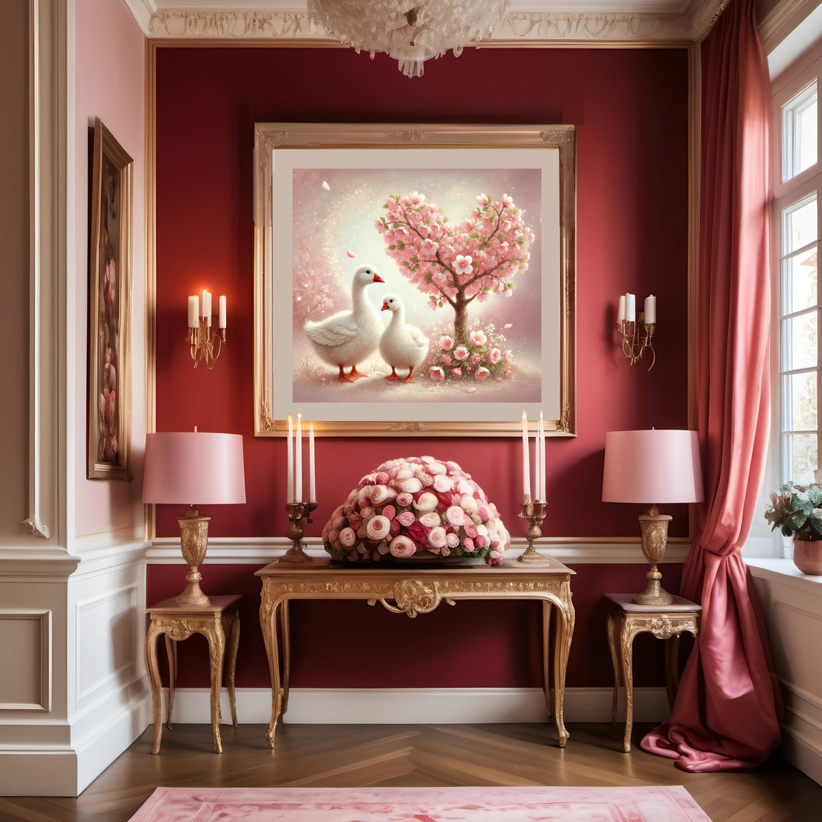 Goose Valentine Art Print | Pink Blossom Tree, Romantic Nursery (Digital Download)