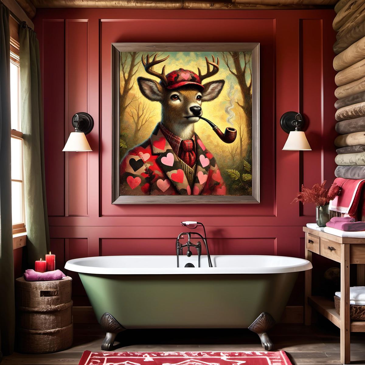 Vintage Valentine Camo Deer Wall Art Romantic Lodge Decor Anthropomorphic Animal Painting Digital Download