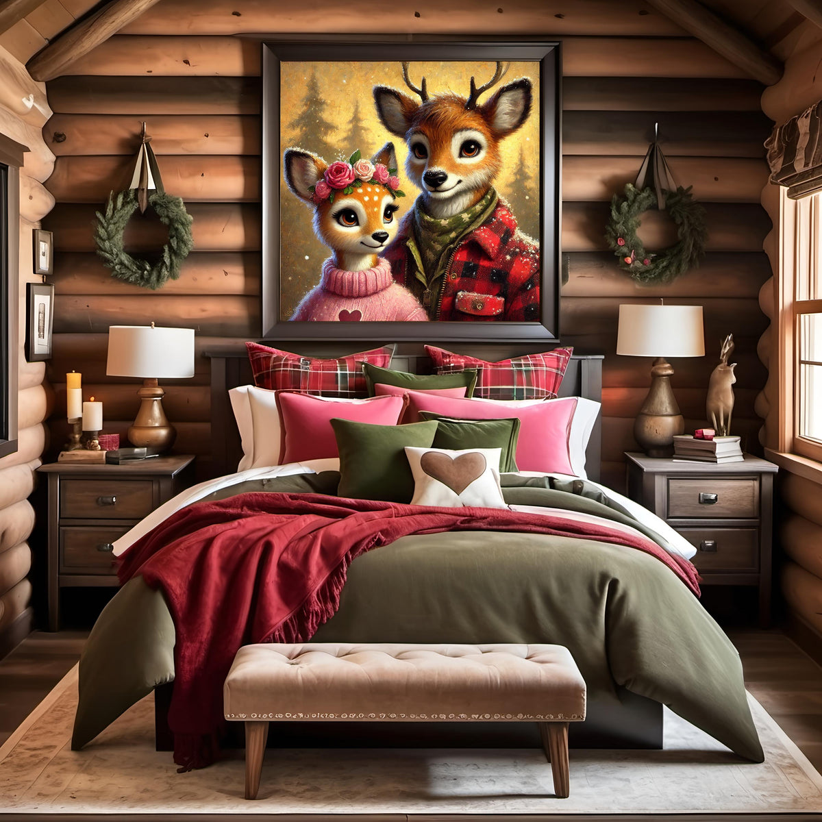 Deer Couple Valentine Portrait, Winter Woodland Animal Art (Digital Download)