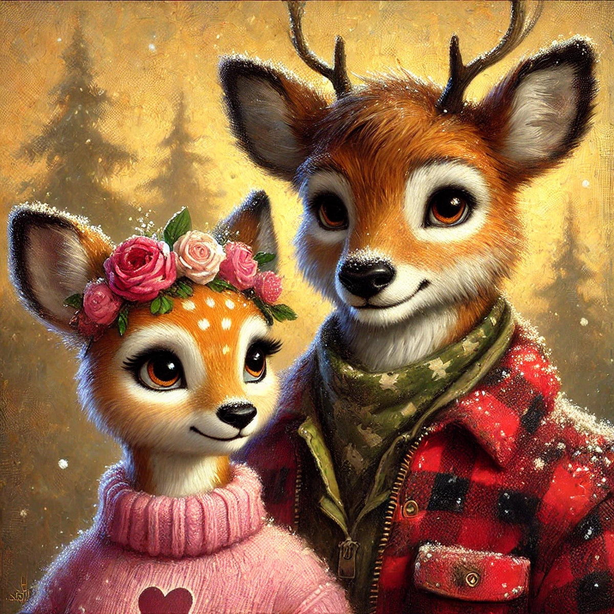 Deer Couple Valentine Portrait, Winter Woodland Animal Art (Digital Download)