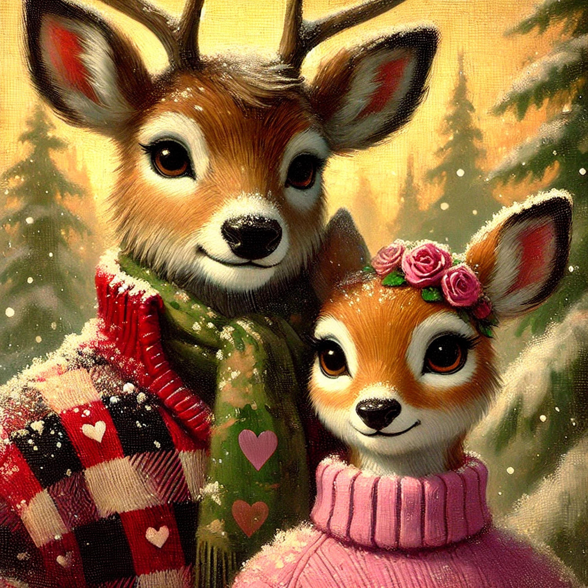 Deer Couple Valentine Portrait: Cozy Winter Woodland Art (Digital Download)