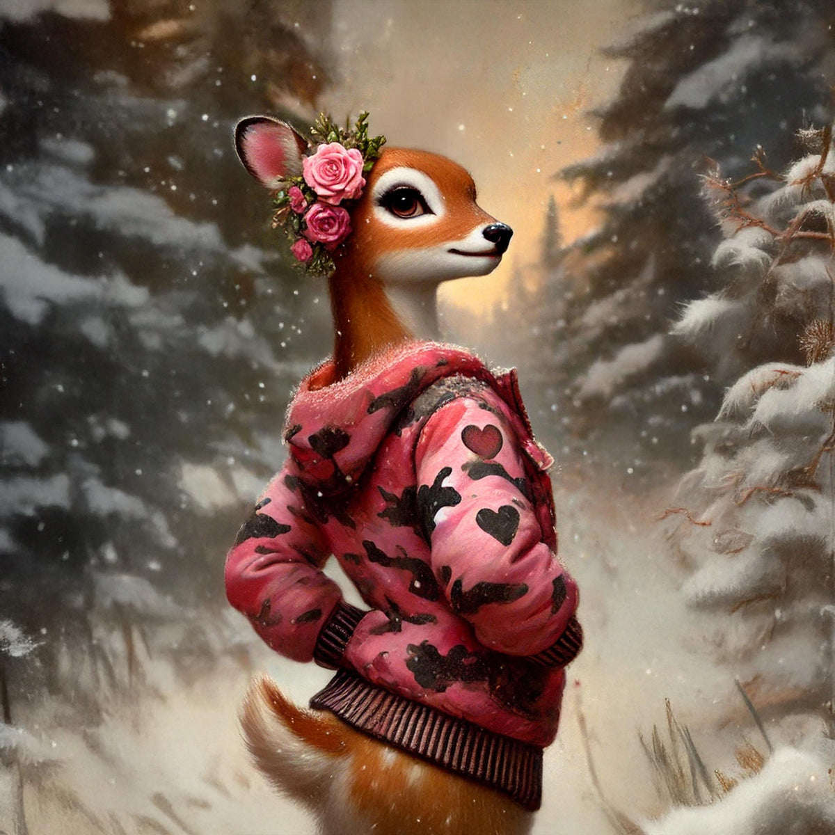 Winter Deer Girl Portrait: Valentine's Woodland Art (Digital Download)