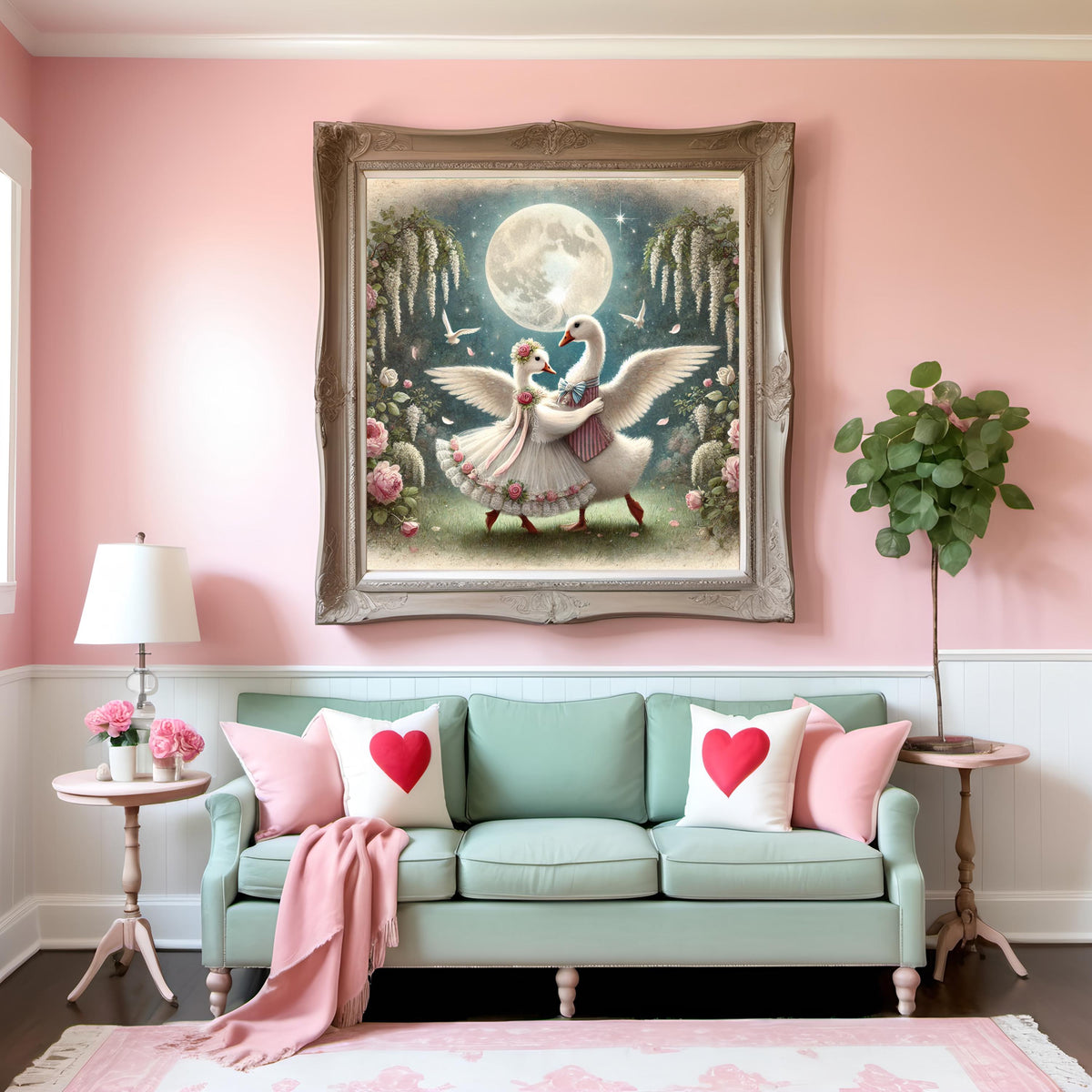 Goose Moonlight Dance Art Print, Vintage Romantic Garden (Digital Download)