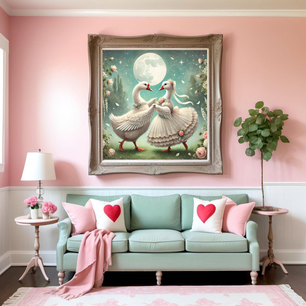 Vintage Goose Waltz Art Print: Romantic Moonlight Garden (Digital Download)