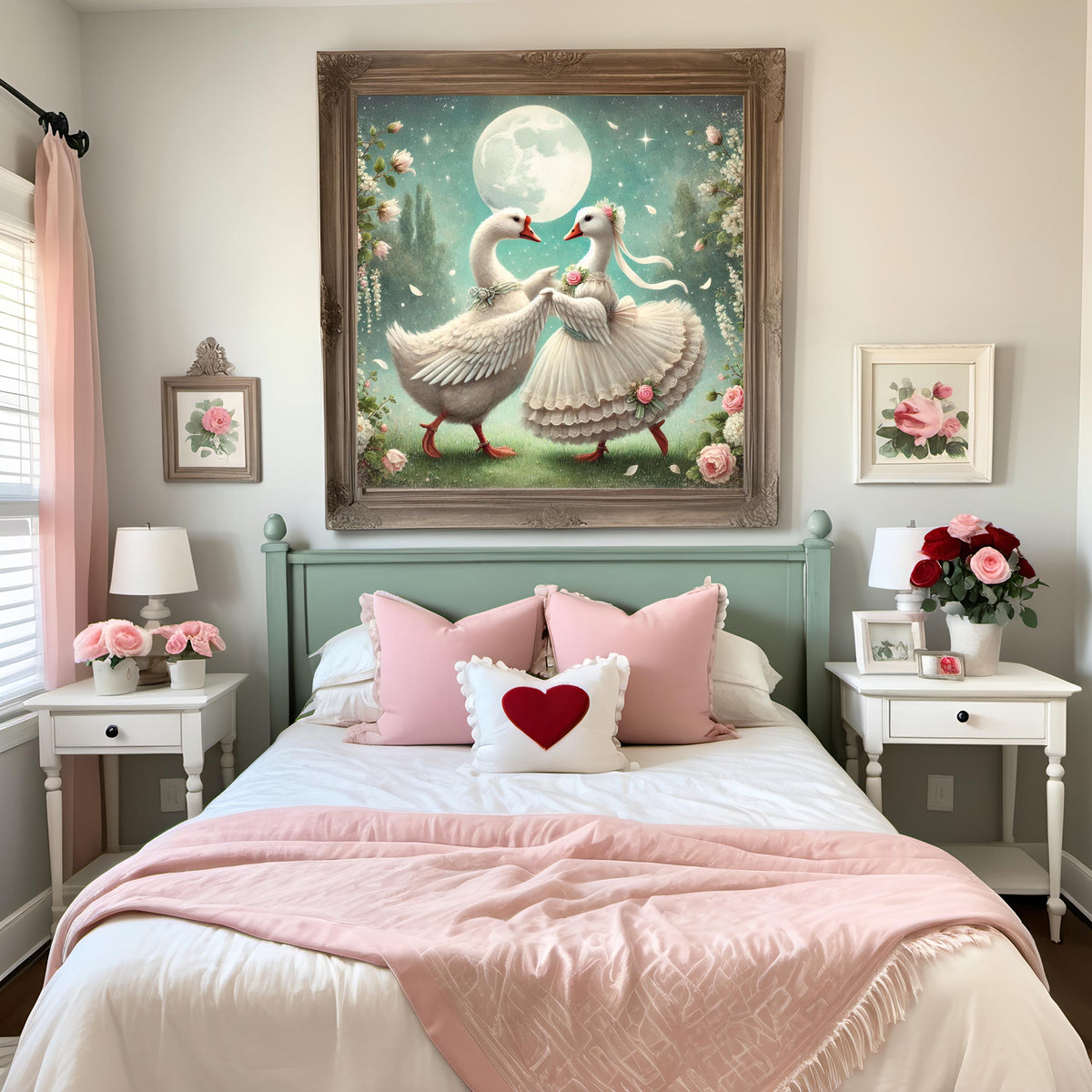 Vintage Goose Waltz Art Print: Romantic Moonlight Garden (Digital Download)