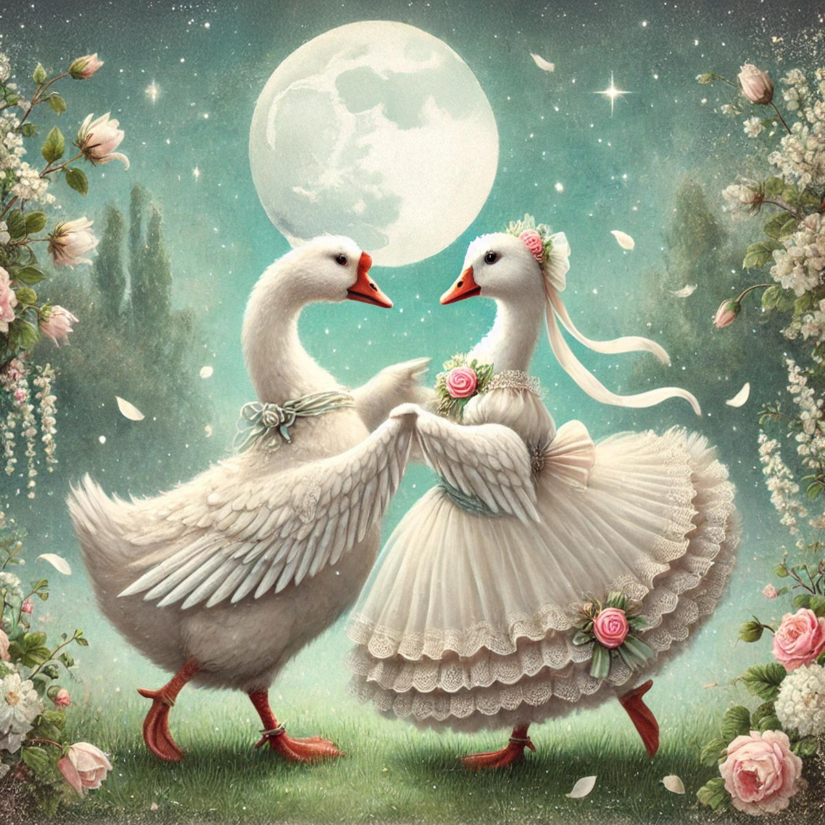 Vintage Goose Waltz Art Print: Romantic Moonlight Garden (Digital Download)