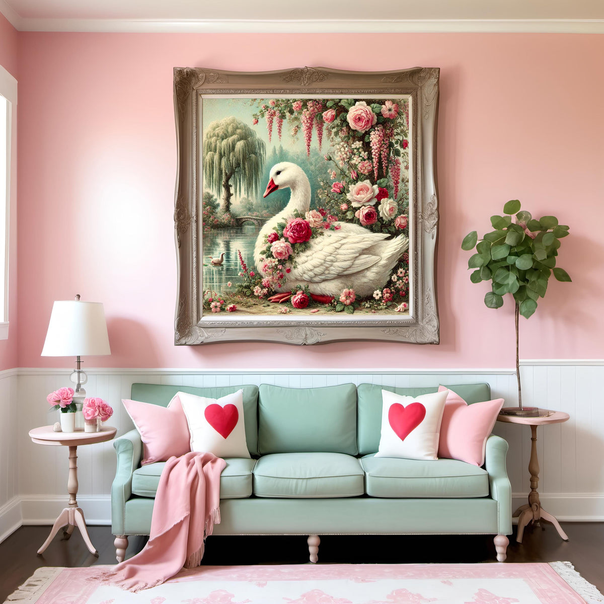 Vintage Goose Rose Garden Painting, Cottagecore Swan Art (Digital Download)