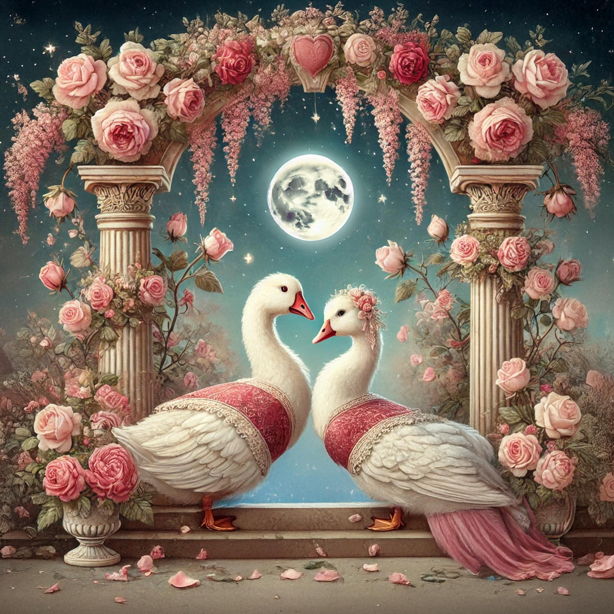 Vintage Goose Wedding Wall Art Romantic Moonlight Floral Arch Digital Download Whimsical Love Print