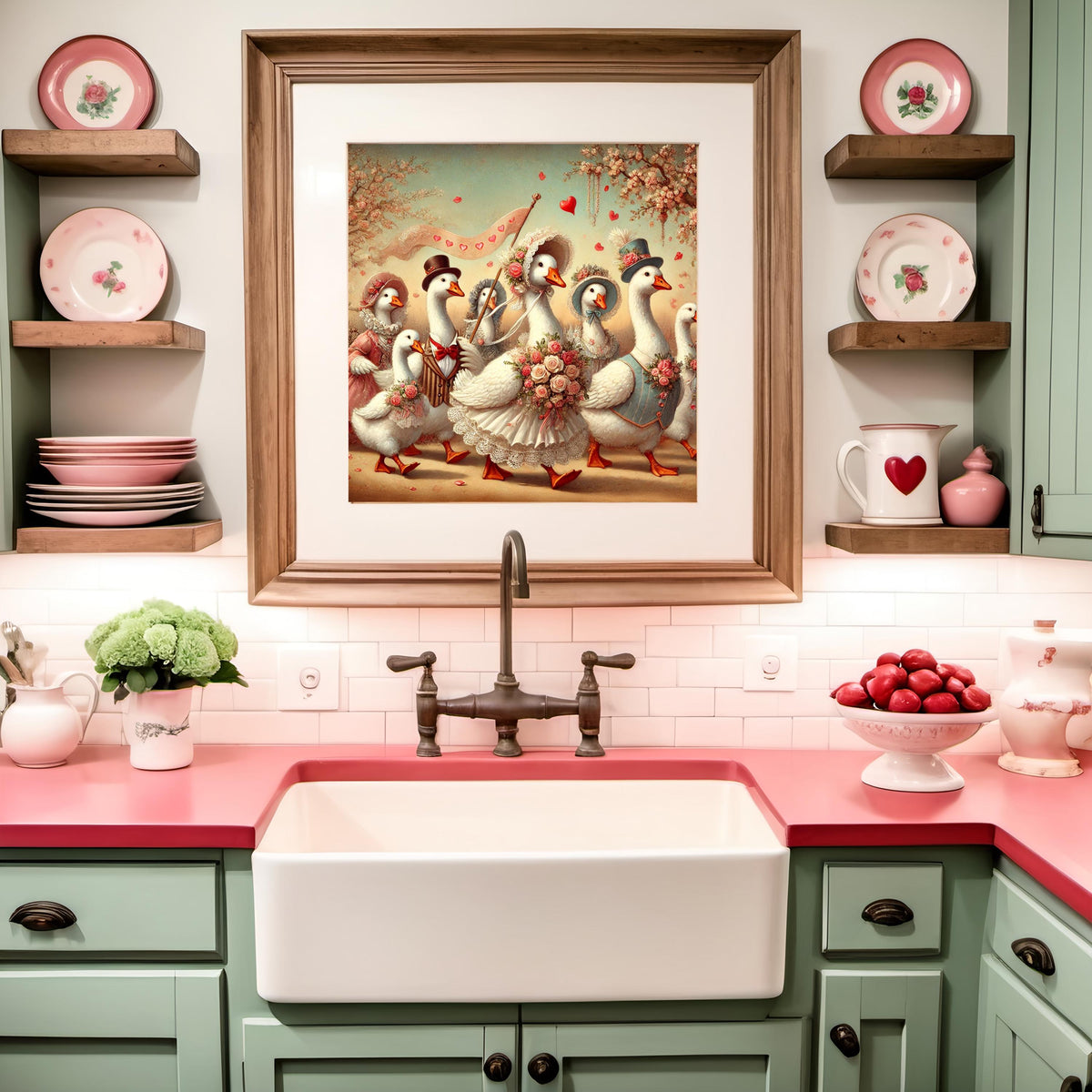 Vintage Goose Parade Print: Whimsical Valentine Wedding Art (Digital Download)