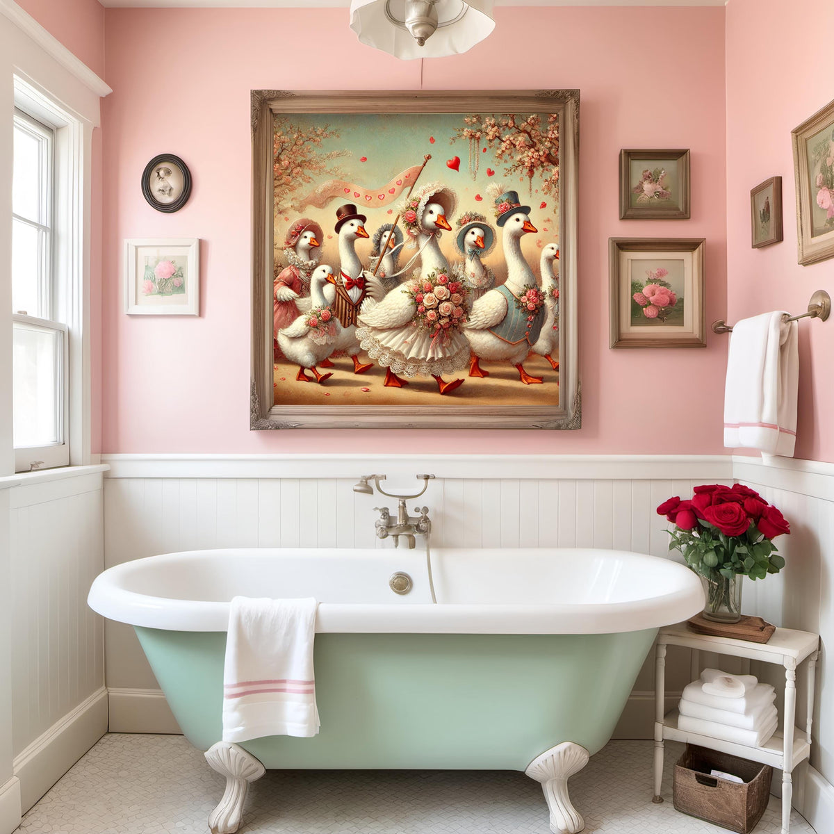Vintage Goose Parade Print: Whimsical Valentine Wedding Art (Digital Download)