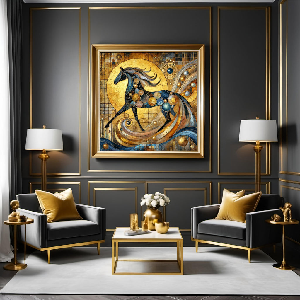 Klimt Inspired Gold Mosaic Horse Symbolic New Year Decor Digital Art (Digital Download)