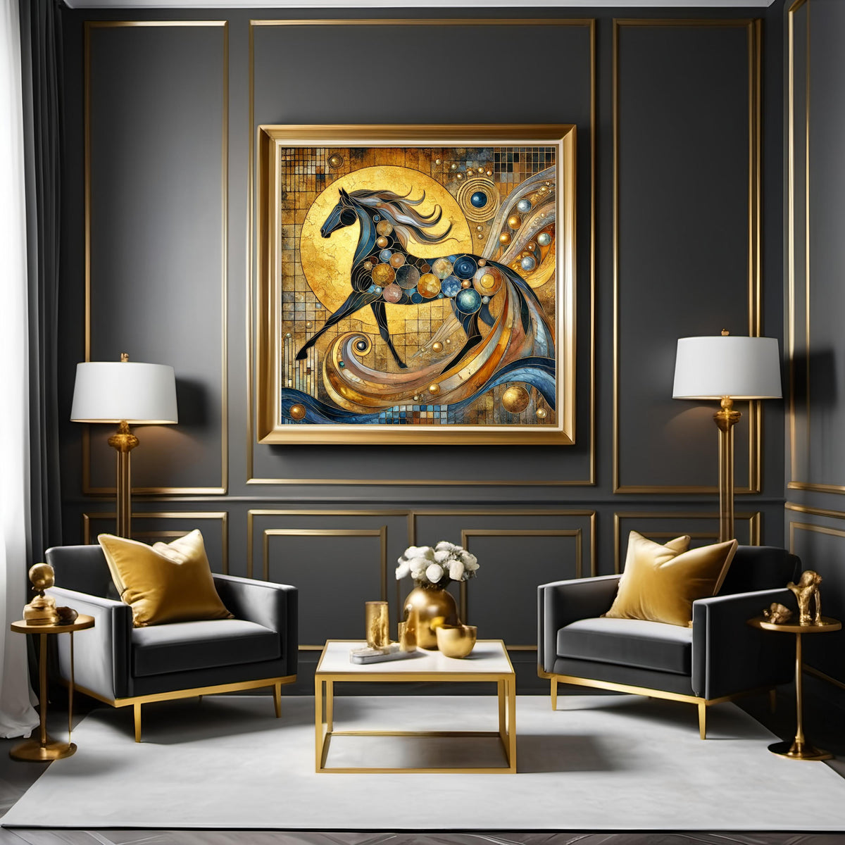 Klimt Inspired Gold Mosaic Horse Symbolic New Year Decor Digital Art (Digital Download)