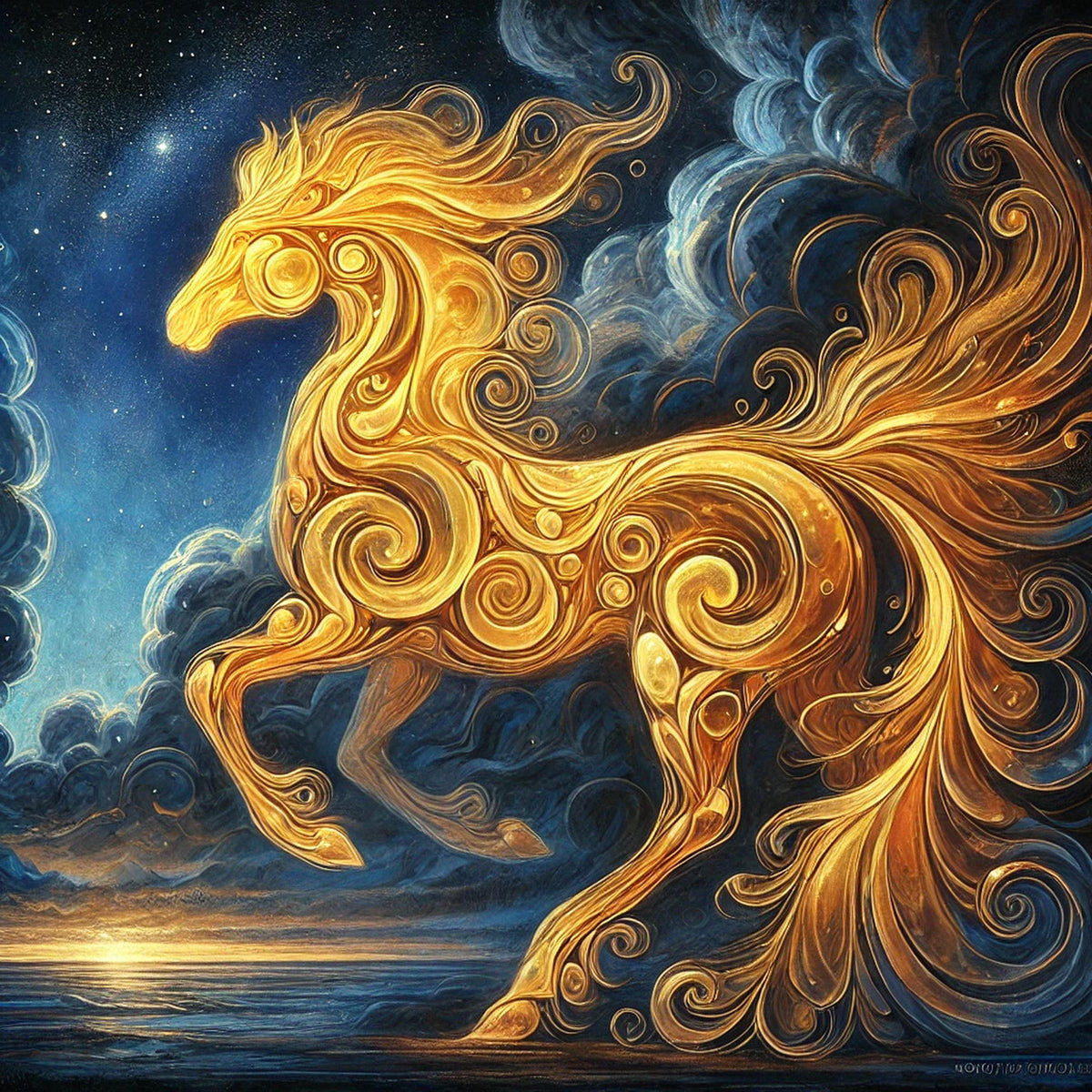 Fire Horse Lunar New Year Art Print, Gold Fantasy Zodiac (Digital Download)