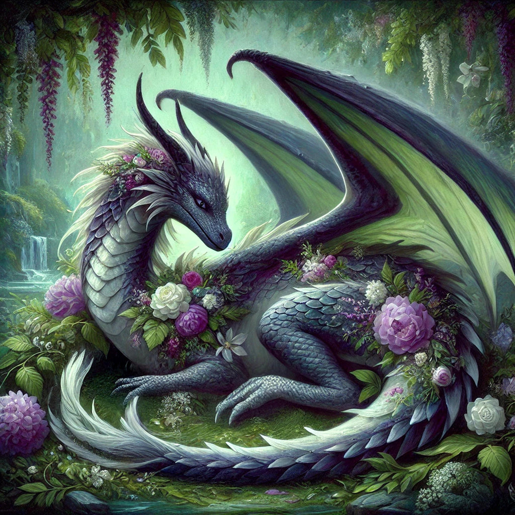 Floral Dragon Art Print, Emerald Garden Fantasy (Digital Download)