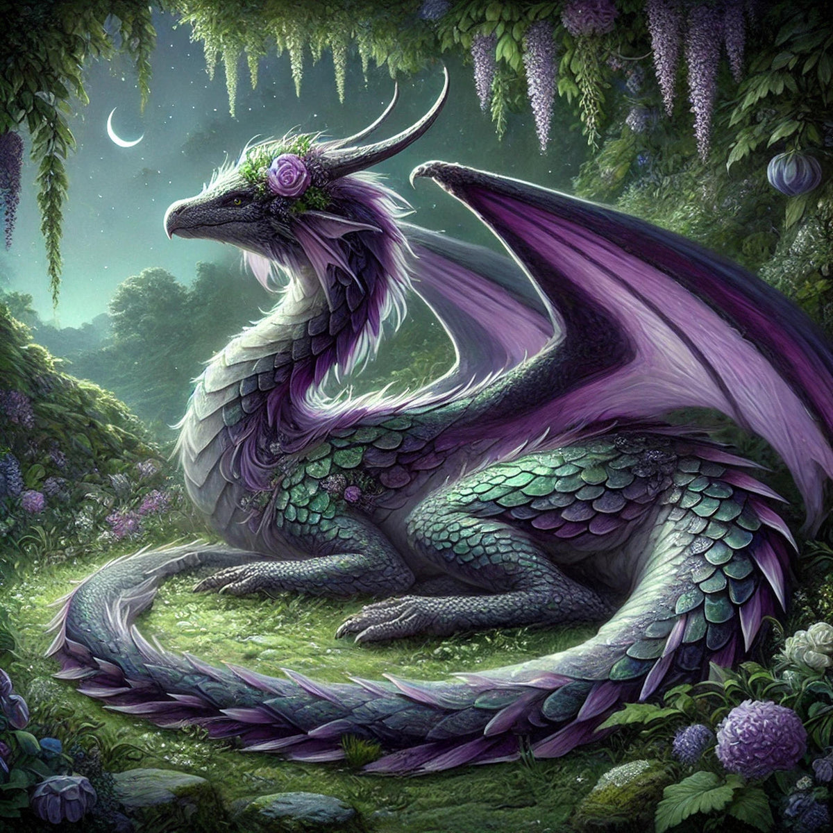 Amethyst Dragon Art Print: Moonlit Garden Fantasy (Digital Download)