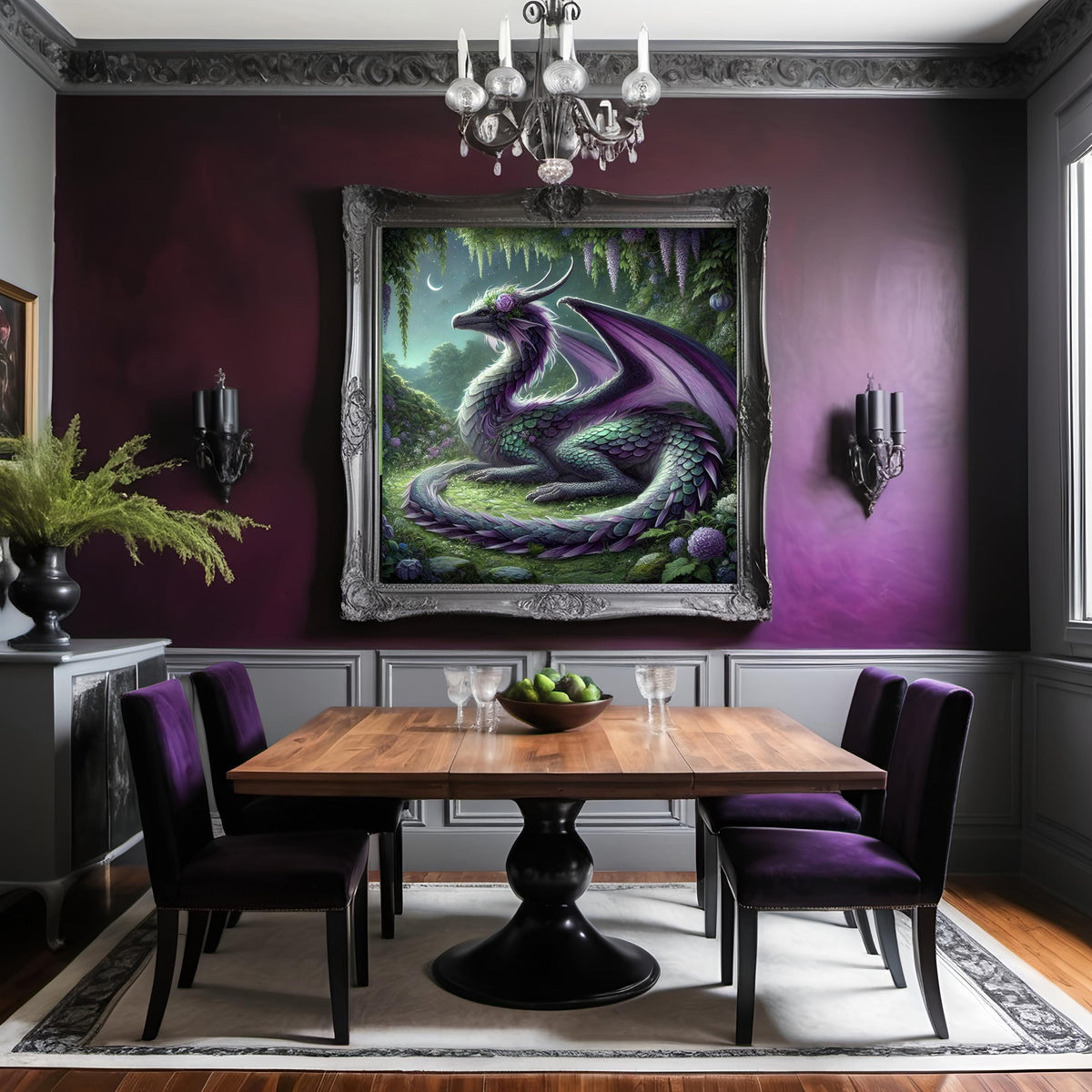 Amethyst Dragon Art Print: Moonlit Garden Fantasy (Digital Download)