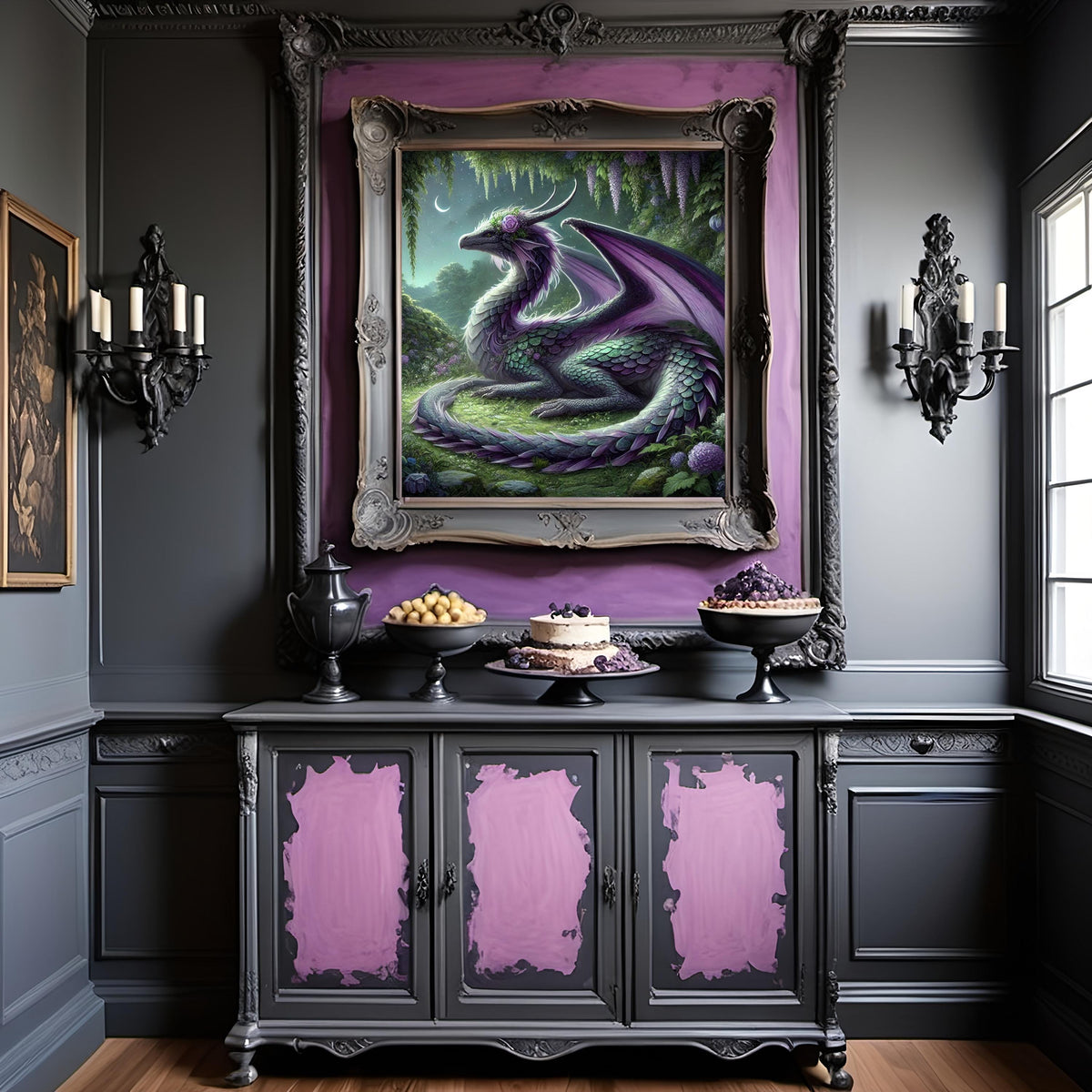 Amethyst Dragon Art Print: Moonlit Garden Fantasy (Digital Download)